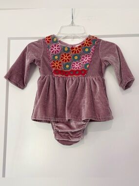 Cheeni Lilac Velvet Velour Crochet Floral Embroidered Bubble 6 months